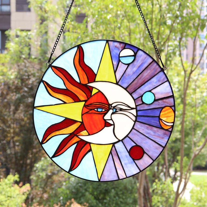 Bieye W10043 Sun Moon Star Face Tiffany Style Stained Glass Window Panel with Planets in Solar System, 16-inch Wide Round Shape, Blue - Image 2